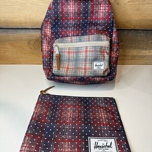 Herschel Supply Company Red Navy Plaid Backpack W/ Large Zipper Pouch